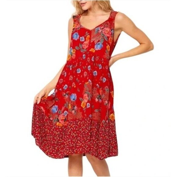Bila Dress Womens Large Red Floral Sleeveless Ruffle Hem Prairie Cottagecore - Picture 1 of 8